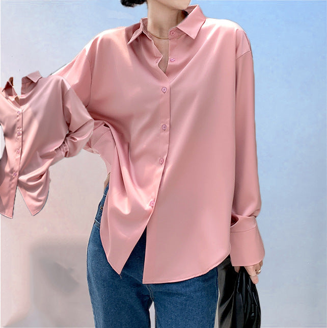 Camisa de raso de manga larga para mujer