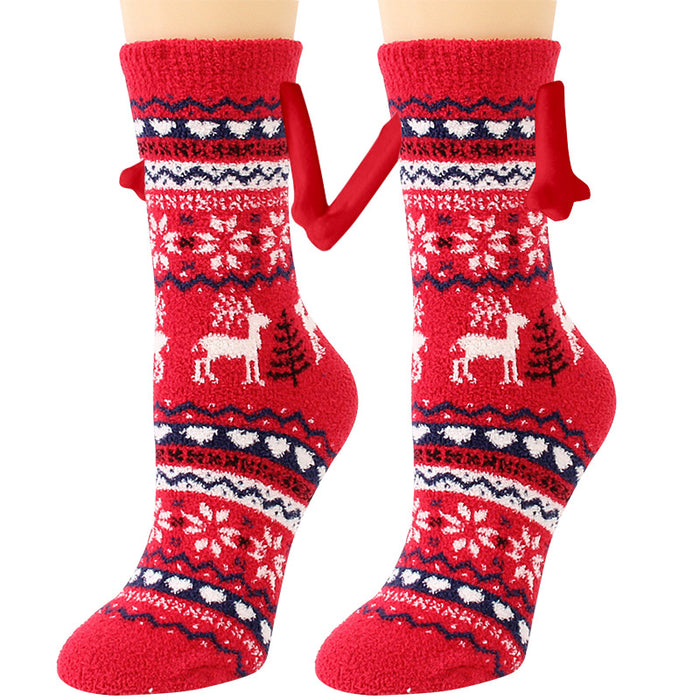 Suministros de Navidad Succión magnética Mano en mano Calcetines de pareja Calcetines de tubo de lana de coral Zapatillas cálidas Calcetines de cama Zapatillas suaves y cálidas de invierno