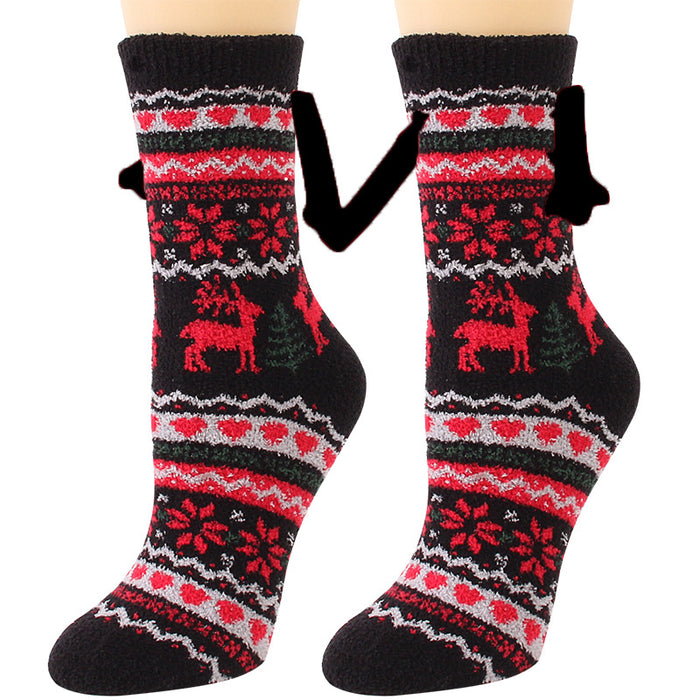 Suministros de Navidad Succión magnética Mano en mano Calcetines de pareja Calcetines de tubo de lana de coral Zapatillas cálidas Calcetines de cama Zapatillas suaves y cálidas de invierno