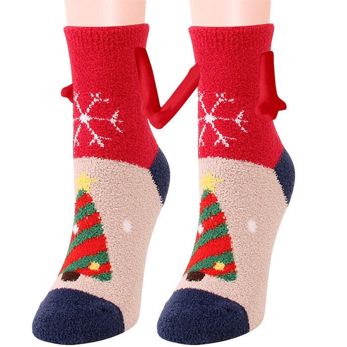 Suministros de Navidad Succión magnética Mano en mano Calcetines de pareja Calcetines de tubo de lana de coral Zapatillas cálidas Calcetines de cama Zapatillas suaves y cálidas de invierno