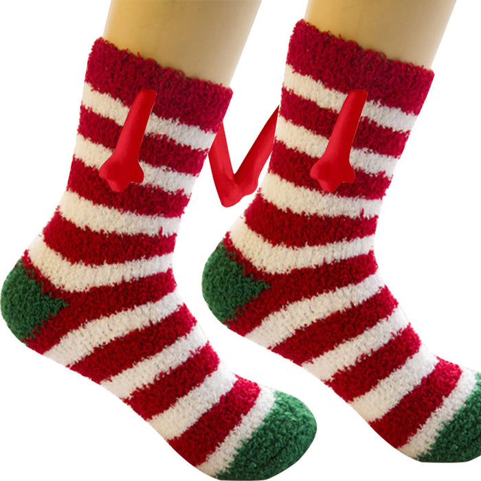 Suministros de Navidad Succión magnética Mano en mano Calcetines de pareja Calcetines de tubo de lana de coral Zapatillas cálidas Calcetines de cama Zapatillas suaves y cálidas de invierno