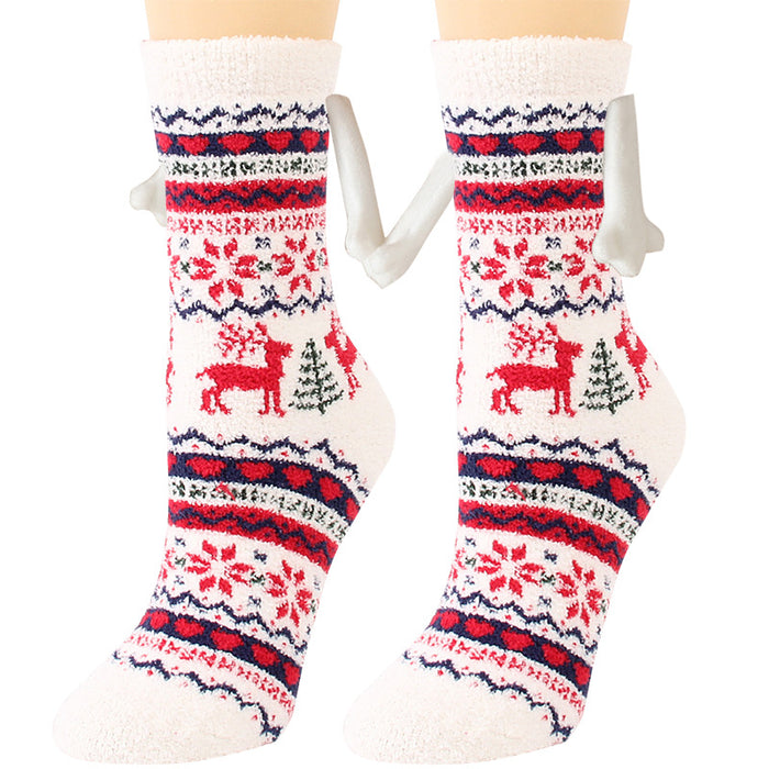Suministros de Navidad Succión magnética Mano en mano Calcetines de pareja Calcetines de tubo de lana de coral Zapatillas cálidas Calcetines de cama Zapatillas suaves y cálidas de invierno