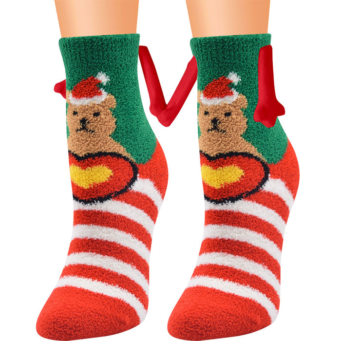 Suministros de Navidad Succión magnética Mano en mano Calcetines de pareja Calcetines de tubo de lana de coral Zapatillas cálidas Calcetines de cama Zapatillas suaves y cálidas de invierno
