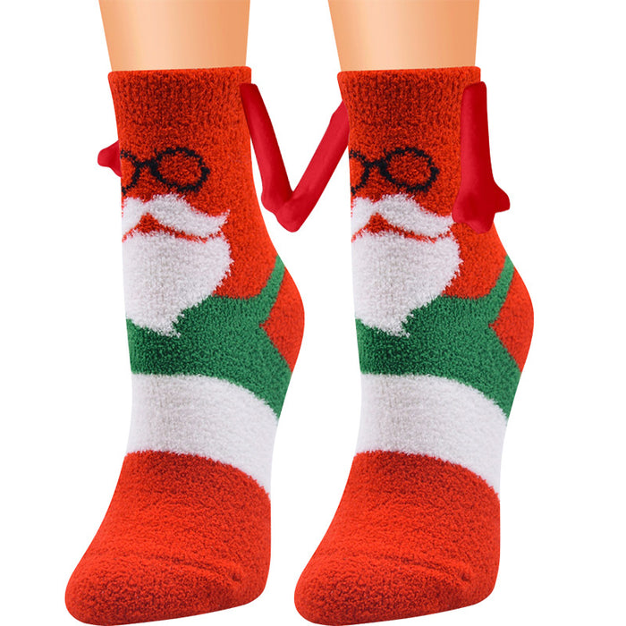 Suministros de Navidad Succión magnética Mano en mano Calcetines de pareja Calcetines de tubo de lana de coral Zapatillas cálidas Calcetines de cama Zapatillas suaves y cálidas de invierno