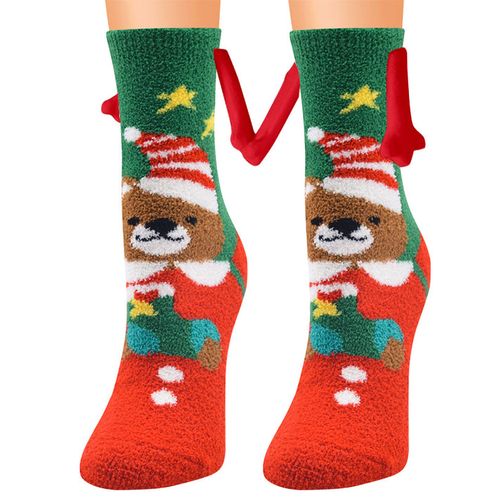 Suministros de Navidad Succión magnética Mano en mano Calcetines de pareja Calcetines de tubo de lana de coral Zapatillas cálidas Calcetines de cama Zapatillas suaves y cálidas de invierno