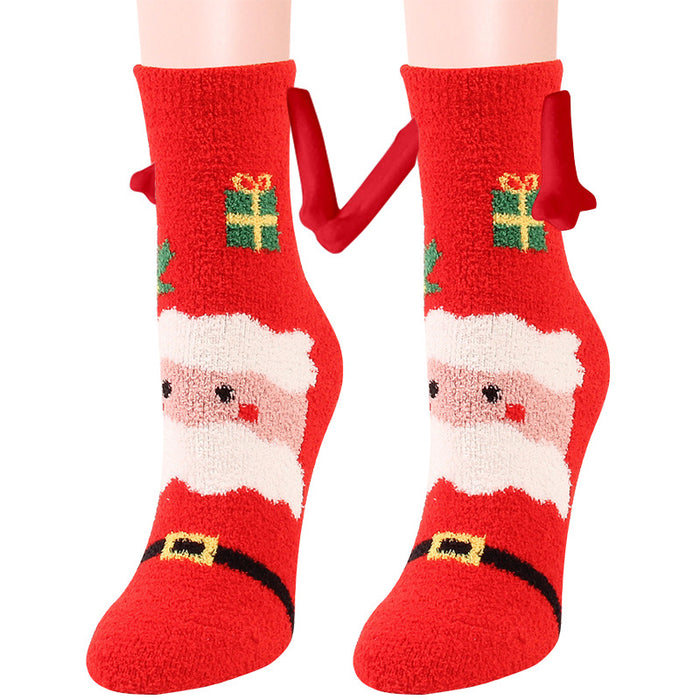 Suministros de Navidad Succión magnética Mano en mano Calcetines de pareja Calcetines de tubo de lana de coral Zapatillas cálidas Calcetines de cama Zapatillas suaves y cálidas de invierno