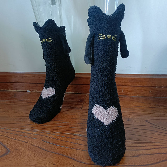Suministros de Navidad Succión magnética Mano en mano Calcetines de pareja Calcetines de tubo de lana de coral Zapatillas cálidas Calcetines de cama Zapatillas suaves y cálidas de invierno