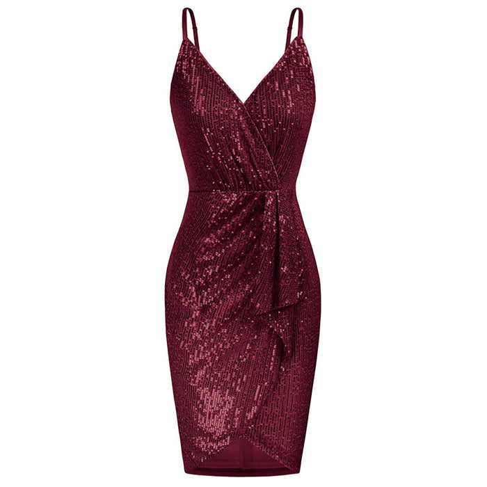 Women's Fashion Temperament Camisole V-neck Sequins Skinny Sheath Evening Dress