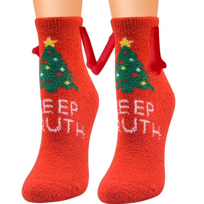 Suministros de Navidad Succión magnética Mano en mano Calcetines de pareja Calcetines de tubo de lana de coral Zapatillas cálidas Calcetines de cama Zapatillas suaves y cálidas de invierno