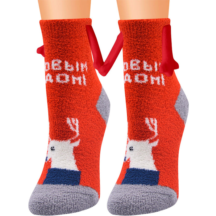 Suministros de Navidad Succión magnética Mano en mano Calcetines de pareja Calcetines de tubo de lana de coral Zapatillas cálidas Calcetines de cama Zapatillas suaves y cálidas de invierno