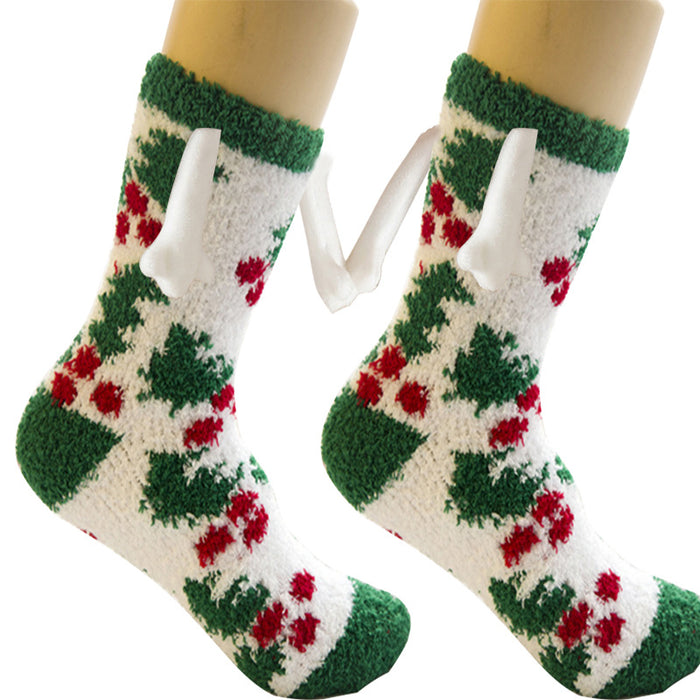 Suministros de Navidad Succión magnética Mano en mano Calcetines de pareja Calcetines de tubo de lana de coral Zapatillas cálidas Calcetines de cama Zapatillas suaves y cálidas de invierno