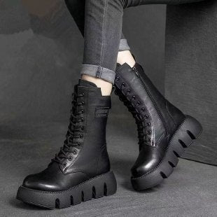 Botas retro para mujer Zapatos con cordones Otoño e invierno Botas británicas con hebilla alta versátiles