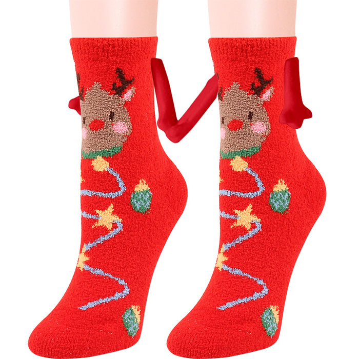 Suministros de Navidad Succión magnética Mano en mano Calcetines de pareja Calcetines de tubo de lana de coral Zapatillas cálidas Calcetines de cama Zapatillas suaves y cálidas de invierno