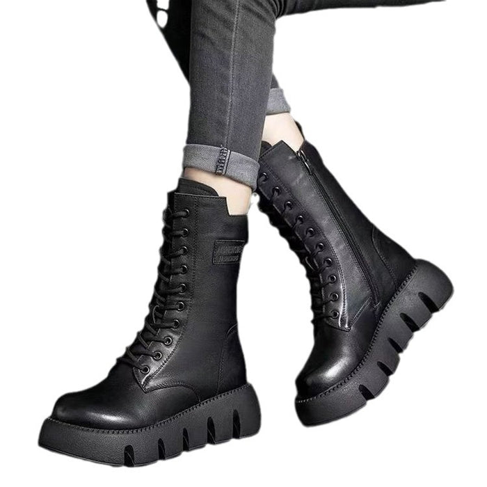 Botas retro para mujer Zapatos con cordones Otoño e invierno Botas británicas con hebilla alta versátiles