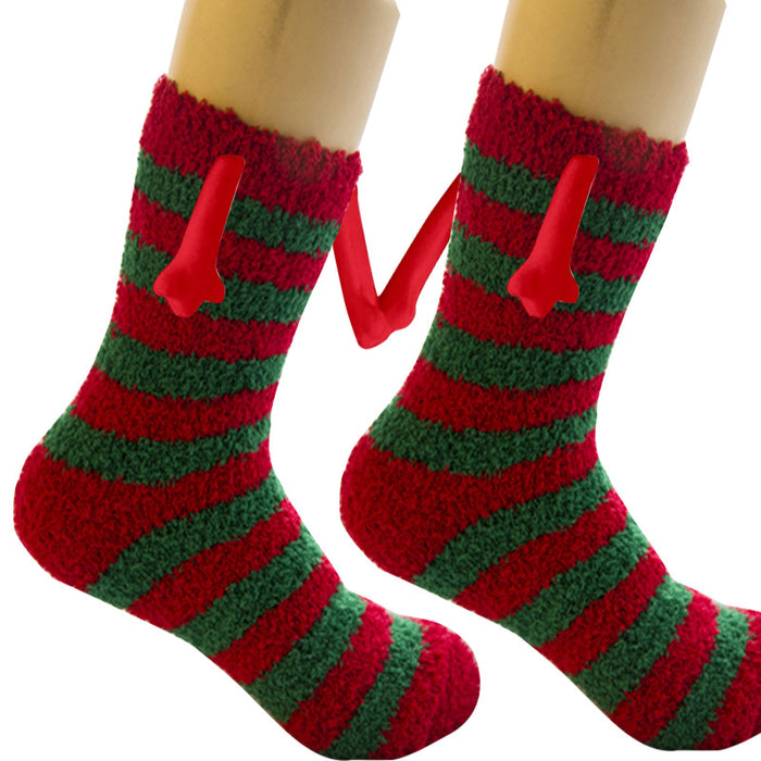 Suministros de Navidad Succión magnética Mano en mano Calcetines de pareja Calcetines de tubo de lana de coral Zapatillas cálidas Calcetines de cama Zapatillas suaves y cálidas de invierno