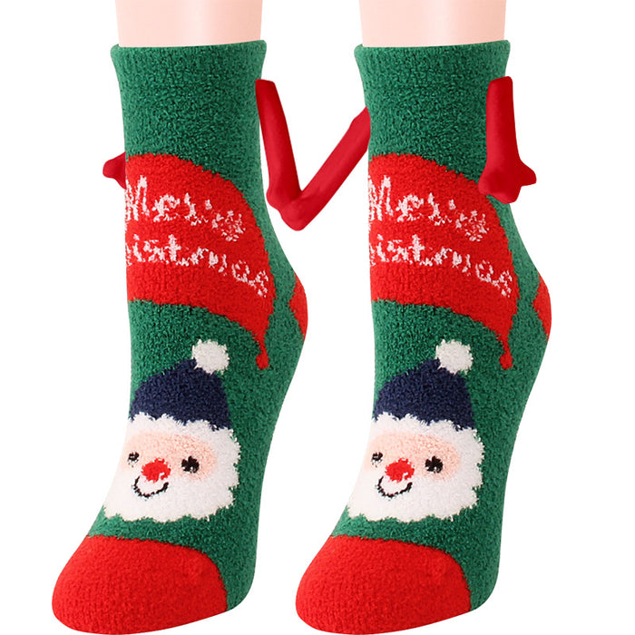 Suministros de Navidad Succión magnética Mano en mano Calcetines de pareja Calcetines de tubo de lana de coral Zapatillas cálidas Calcetines de cama Zapatillas suaves y cálidas de invierno