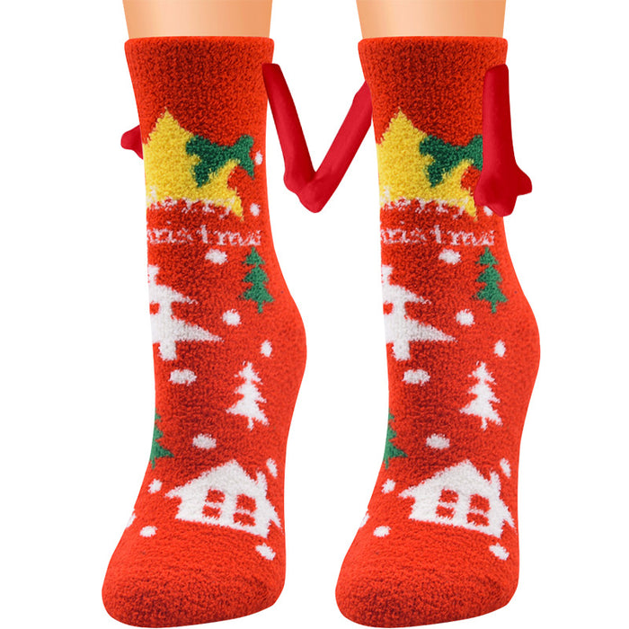 Suministros de Navidad Succión magnética Mano en mano Calcetines de pareja Calcetines de tubo de lana de coral Zapatillas cálidas Calcetines de cama Zapatillas suaves y cálidas de invierno