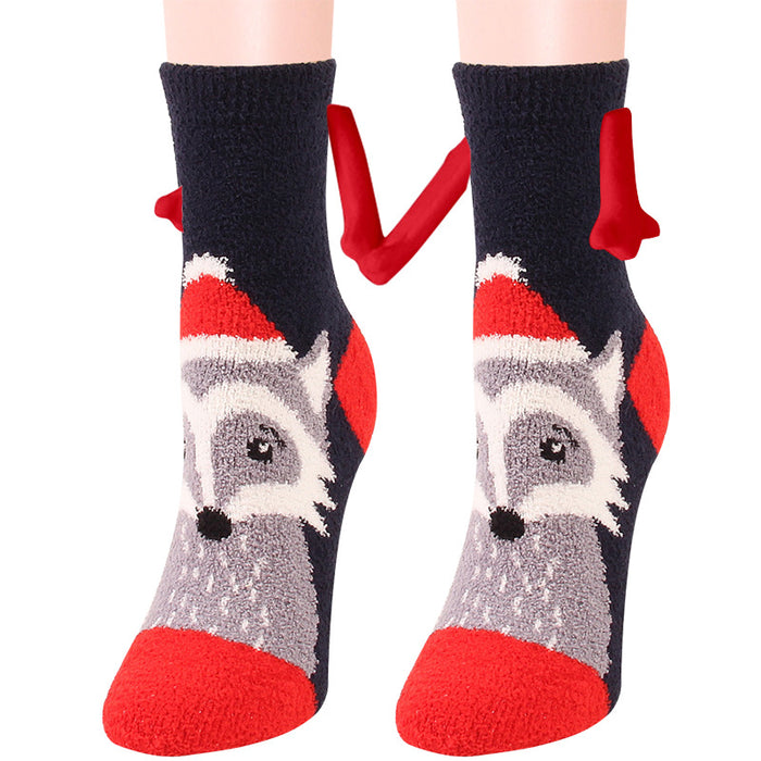 Suministros de Navidad Succión magnética Mano en mano Calcetines de pareja Calcetines de tubo de lana de coral Zapatillas cálidas Calcetines de cama Zapatillas suaves y cálidas de invierno