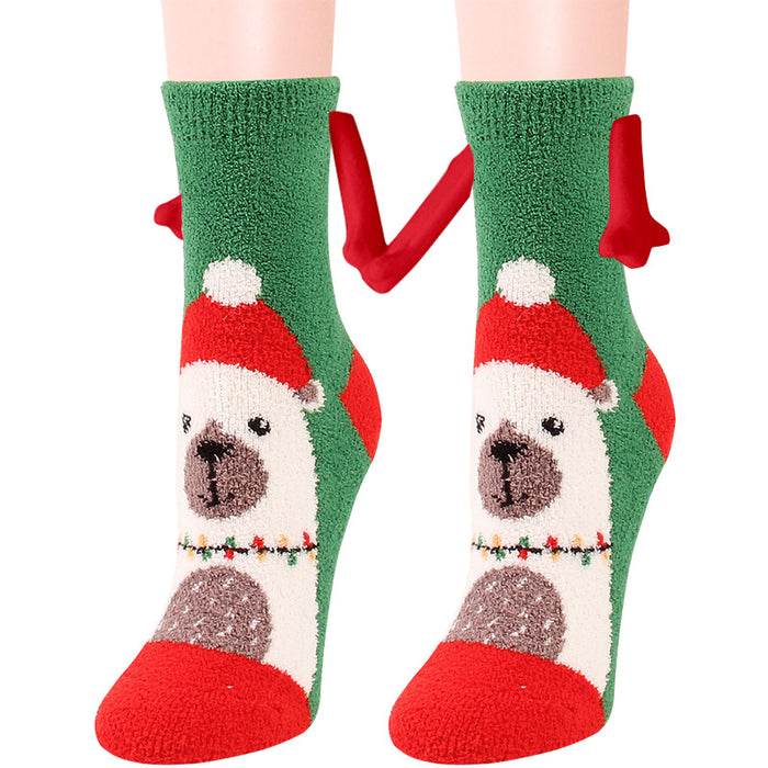 Suministros de Navidad Succión magnética Mano en mano Calcetines de pareja Calcetines de tubo de lana de coral Zapatillas cálidas Calcetines de cama Zapatillas suaves y cálidas de invierno