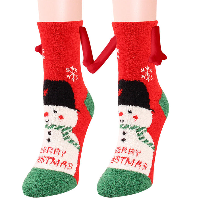 Suministros de Navidad Succión magnética Mano en mano Calcetines de pareja Calcetines de tubo de lana de coral Zapatillas cálidas Calcetines de cama Zapatillas suaves y cálidas de invierno