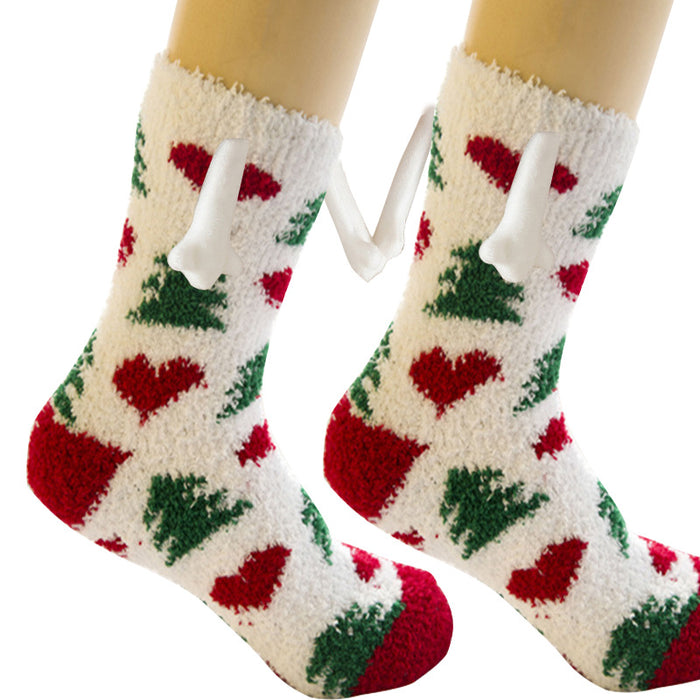 Suministros de Navidad Succión magnética Mano en mano Calcetines de pareja Calcetines de tubo de lana de coral Zapatillas cálidas Calcetines de cama Zapatillas suaves y cálidas de invierno