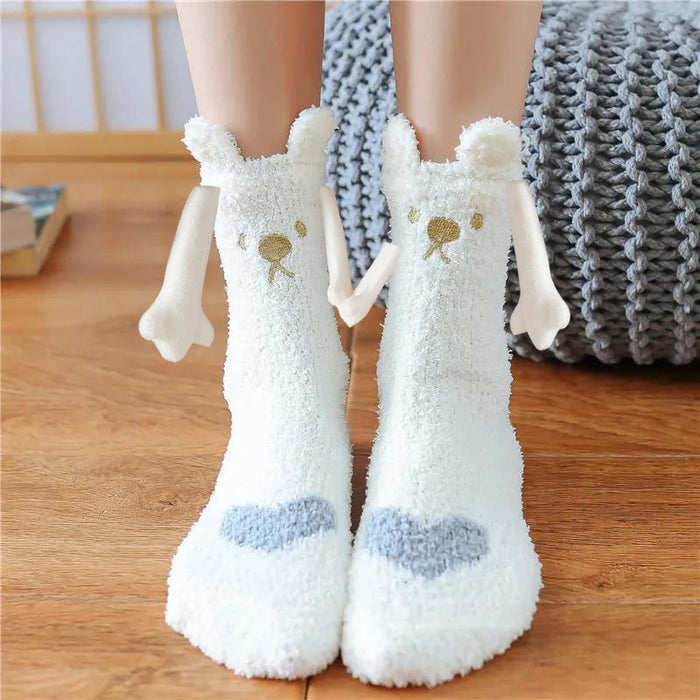 Suministros de Navidad Succión magnética Mano en mano Calcetines de pareja Calcetines de tubo de lana de coral Zapatillas cálidas Calcetines de cama Zapatillas suaves y cálidas de invierno