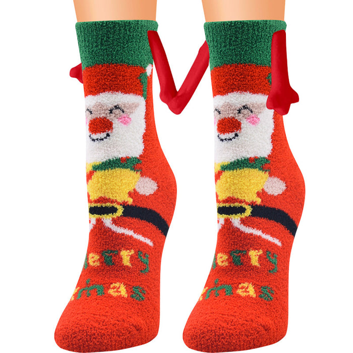 Suministros de Navidad Succión magnética Mano en mano Calcetines de pareja Calcetines de tubo de lana de coral Zapatillas cálidas Calcetines de cama Zapatillas suaves y cálidas de invierno