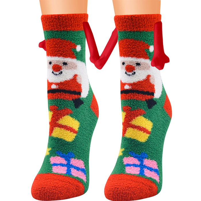 Suministros de Navidad Succión magnética Mano en mano Calcetines de pareja Calcetines de tubo de lana de coral Zapatillas cálidas Calcetines de cama Zapatillas suaves y cálidas de invierno