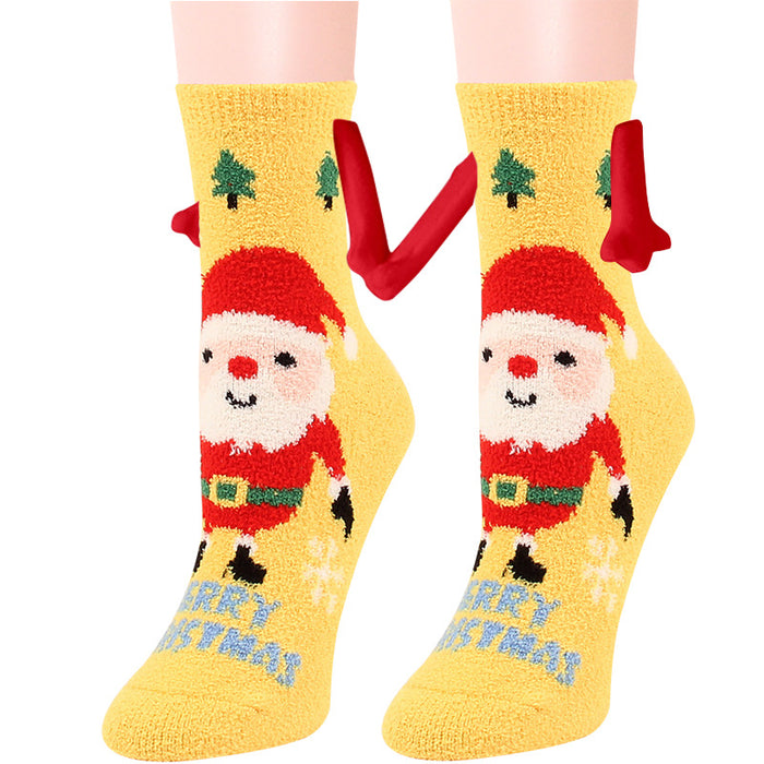 Suministros de Navidad Succión magnética Mano en mano Calcetines de pareja Calcetines de tubo de lana de coral Zapatillas cálidas Calcetines de cama Zapatillas suaves y cálidas de invierno
