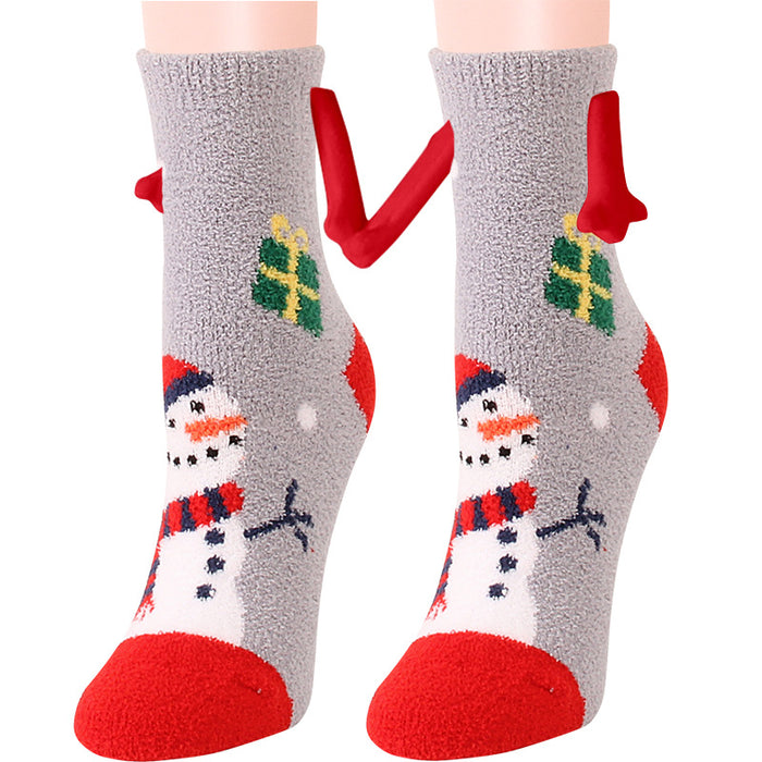 Suministros de Navidad Succión magnética Mano en mano Calcetines de pareja Calcetines de tubo de lana de coral Zapatillas cálidas Calcetines de cama Zapatillas suaves y cálidas de invierno