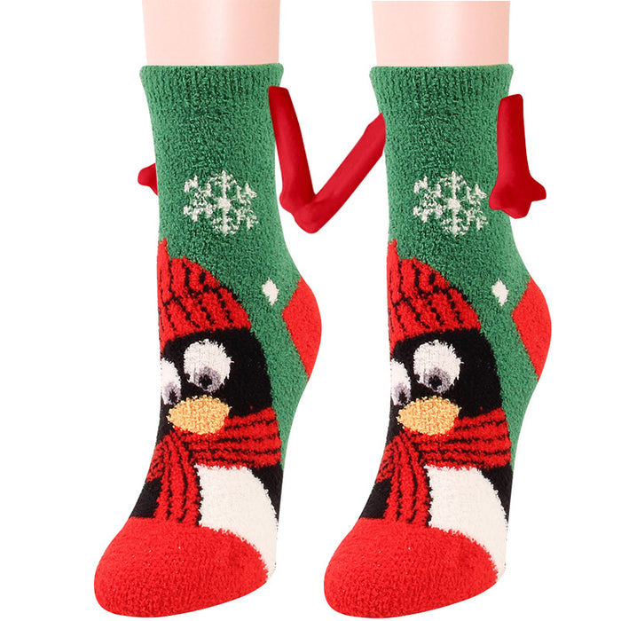 Suministros de Navidad Succión magnética Mano en mano Calcetines de pareja Calcetines de tubo de lana de coral Zapatillas cálidas Calcetines de cama Zapatillas suaves y cálidas de invierno