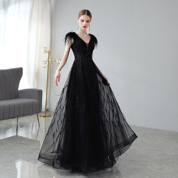 Vestido de noche negro con doble hombro Mujer