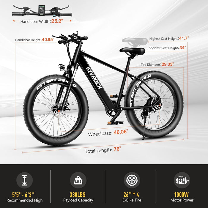 SIVROCK Electric Bike For Adults, 26 X 4.0 Inch Fat Tire Electric Mountain Bicycle, 1000W Motor 48V 15Ah Ebike With Professional 7 Speed, Hidden Lithium-Ion Battery, Hydraulic Suspension, LCD Display
