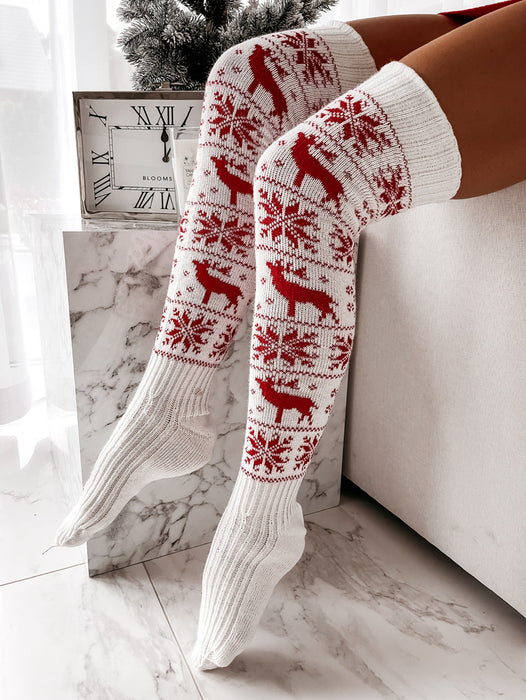 Femmes chaussettes longues noël femmes tricoté coton laine bas chaud cuisse haute sur le genou mignon cerf impression chaussettes torsion câble Crochet