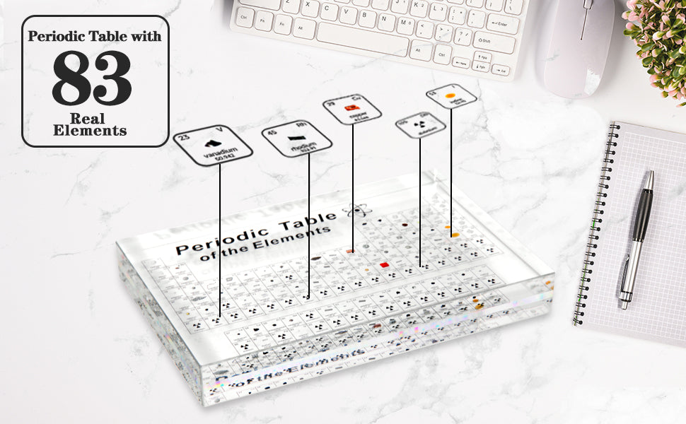 Tabla periódica con 83 tipos de elementos reales en el interior, muestras de tabla periódica acrílica de elementos, fácil de leer, regalos creativos para estudiantes y amantes de la ciencia