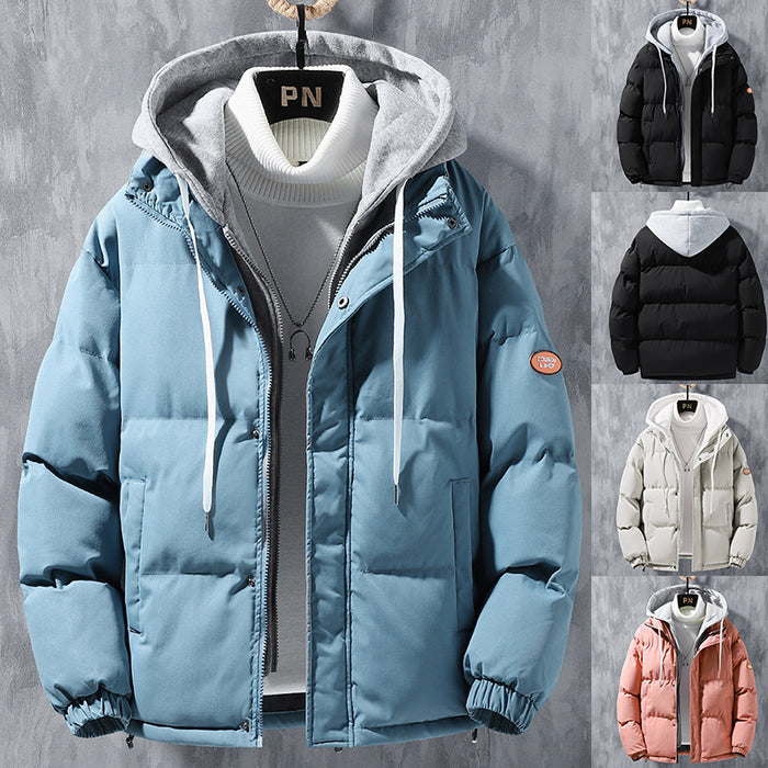 Chaqueta con capucha de moda para hombre, abrigo de dos piezas falso grueso a prueba de viento de invierno, Chaqueta de algodón deportiva de ocio sólida