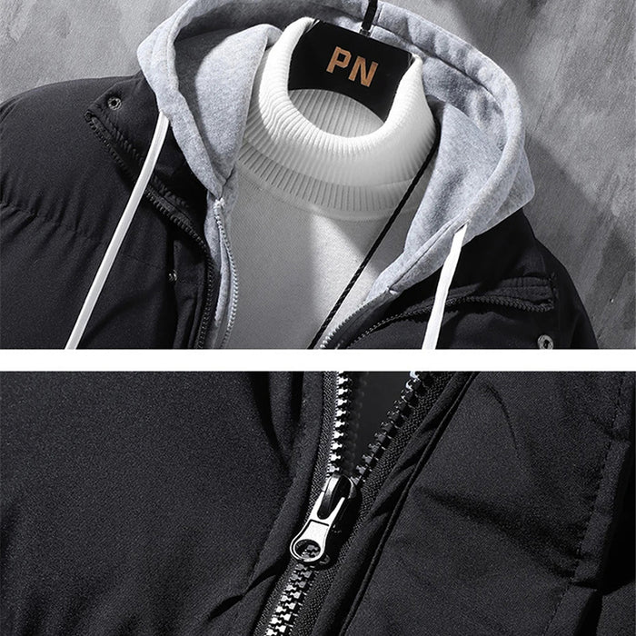 Chaqueta con capucha de moda para hombre, abrigo de dos piezas falso grueso a prueba de viento de invierno, Chaqueta de algodón deportiva de ocio sólida