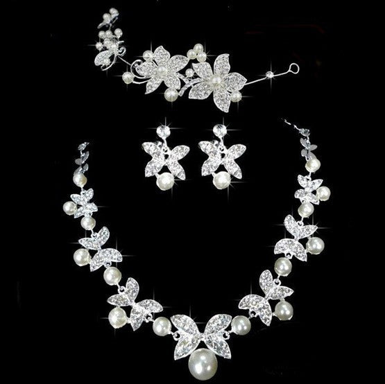 Schmetterling Brautschmuck Set Perlenschmuck Dreiteiliges Brautschmuck Set Elegante Kette, Ohrringen & Kopfschmuck Brautschmuck Set
