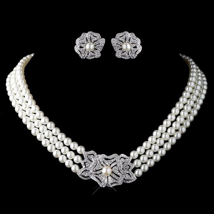Perle Strass Halskette Ohrringe Schmuck Set