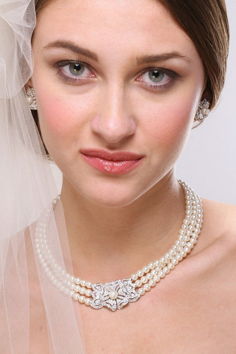 Perle Strass Halskette Ohrringe Schmuck Set