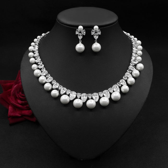 Perle Zirkon Ohrringe Halskette Set Dinnerschmuck
