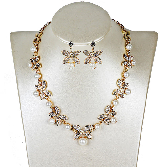 Neu Perlenschmuck Set Schmetterling Halskette & Ohrringe Brautschmuck Set