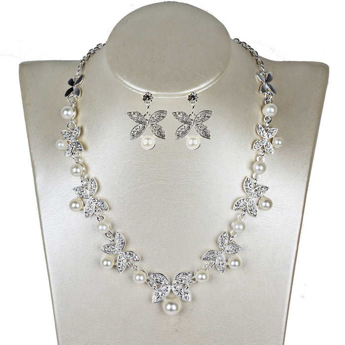 Neu Perlenschmuck Set Schmetterling Halskette & Ohrringe Brautschmuck Set