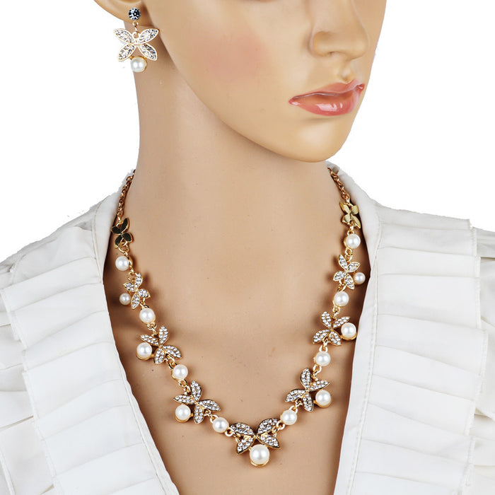 Neu Perlenschmuck Set Schmetterling Halskette & Ohrringe Brautschmuck Set