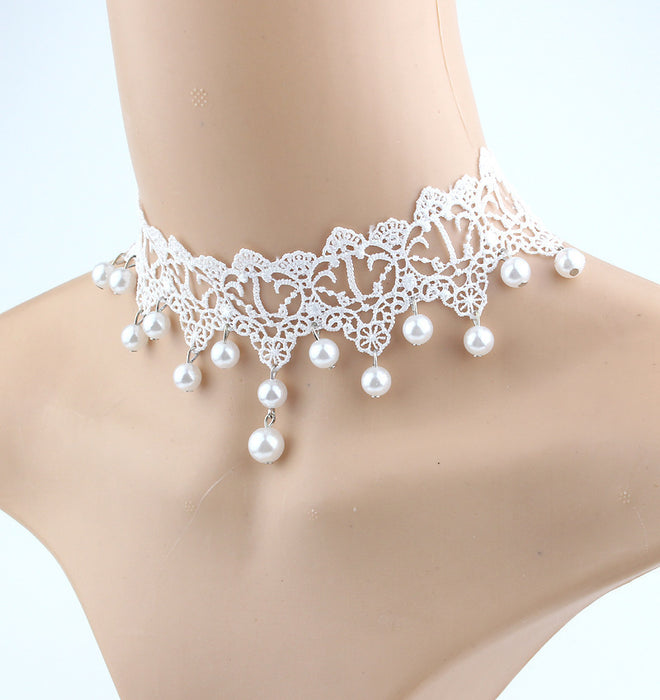 Mode Brautschmuck Weiße Spitze Hängende Perlen