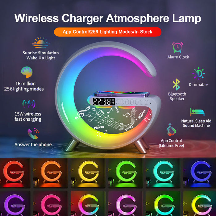 Bluetooth-Lautsprecher, kabelloses Ladegerät, Nachttischlampe, Sonnenaufgang, Wecklampe, Polarlampe, Wecker