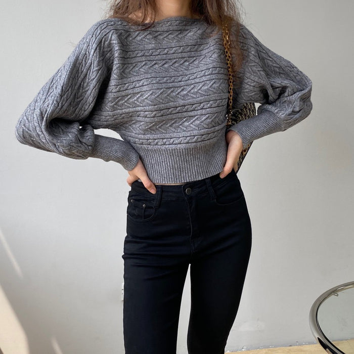 Feminines Temperament trägt kurzen Pullover mit Rundhalsausschnitt