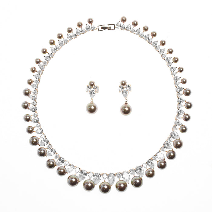 Perle Zirkon Ohrringe Halskette Set Dinnerschmuck