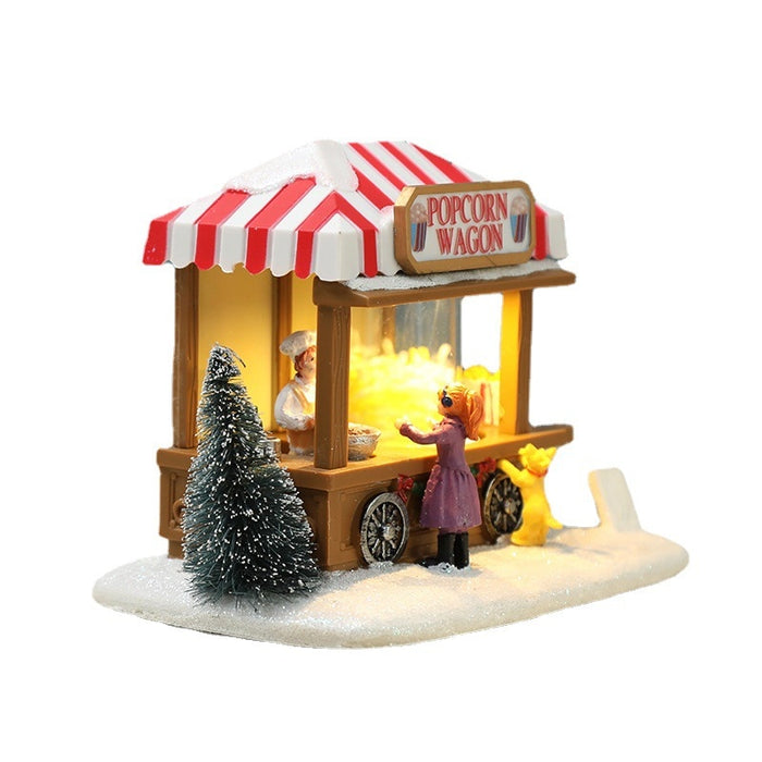 Weihnachts-Speisewagen, LED-beleuchtetes Haus, Kunstharz, Popcorn-Wagen-Ornament