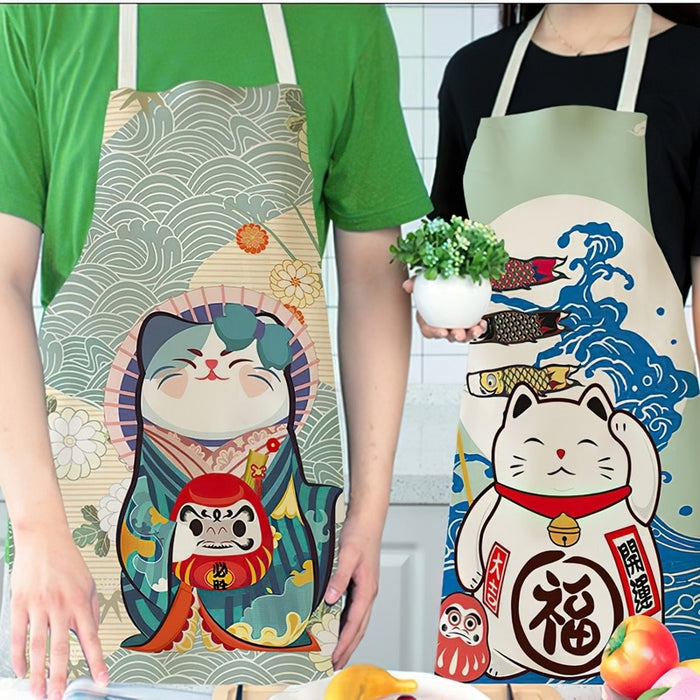 Schürze aus Baumwolle und Leinen, japanische Cartoon-Glückskatze, die ärmellos kocht